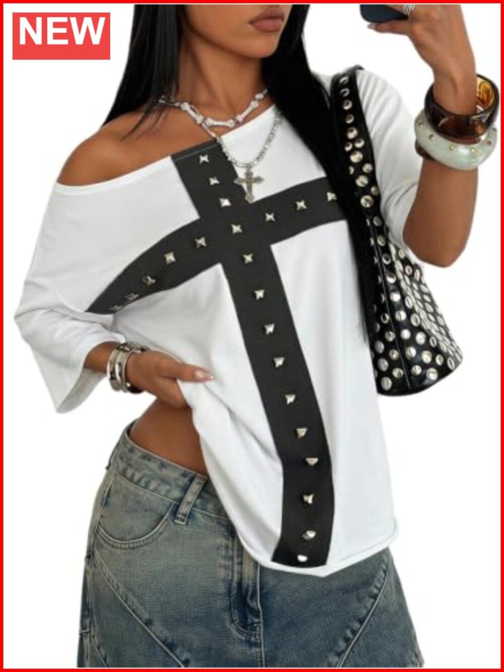 Y2K Off Shoulder Short Sleeve Top Rivet Studded Asymmetrical Cross Print